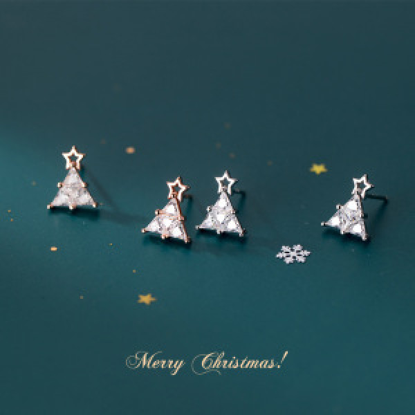 A44829 s925 silver rhinestone christmas tree stud trendy triangle earrings
