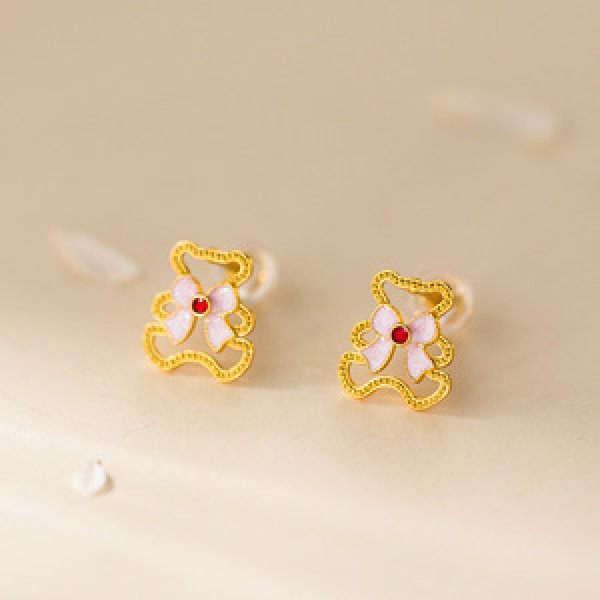 A45970 silver trendy sweet butterfly hollowed bear stud earrings