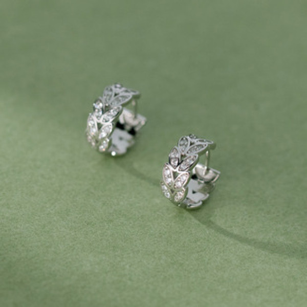 A41671 s925 sterling silver rhinestone simple layered tree leaf design earrings