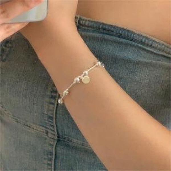 A39917 sterling silver bead simple geometric bar stretchy charm bracelet