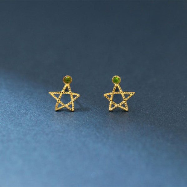 A43156 s925 silver stars stud trendy hollowed sweet green rhinestone earrings