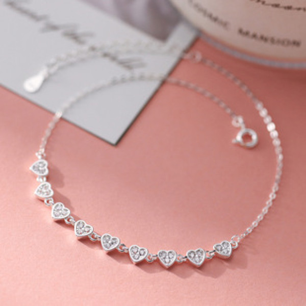 A43442 s925 sterling silver trendy sweet rhinestone heart anklet simple