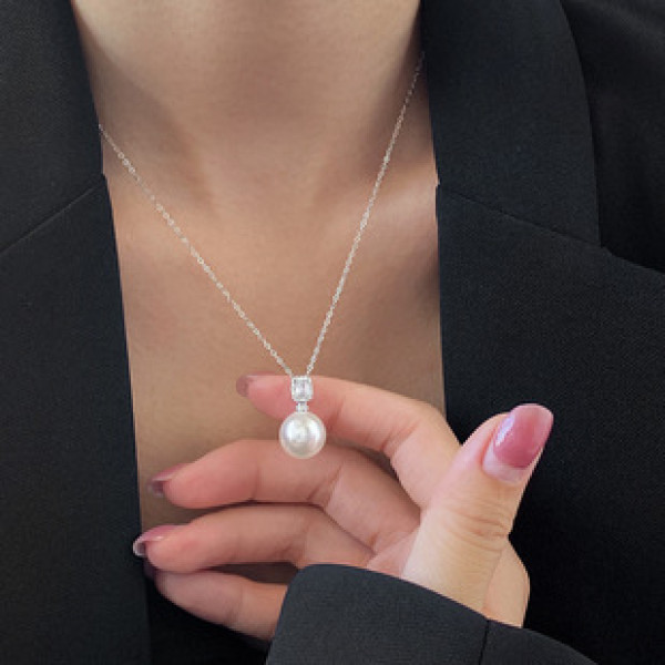 A43432 s925 sterling silver simple fashion square rhinestone elegant necklace