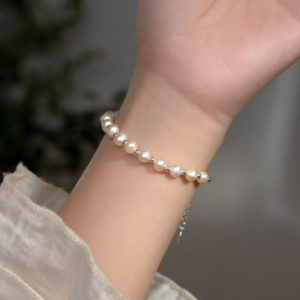 A41052 s925 sterling silver pearl bead charm vintage elegant bracelet