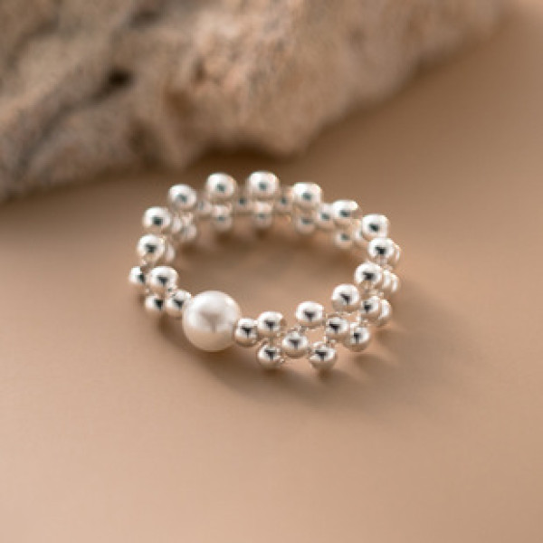 A41437 s925 sterling silver trendy artificial pearl doublelayer design ring