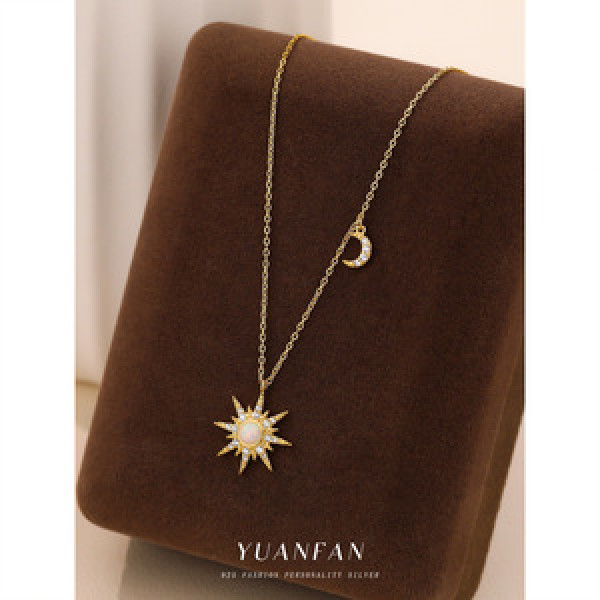 A43668 s925 sterling silver sun moon opal pendant fashion choker necklace