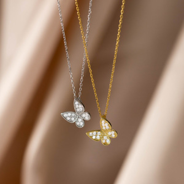 A44263 s925 silver unique simple sparkling rhinestone butterfly necklace