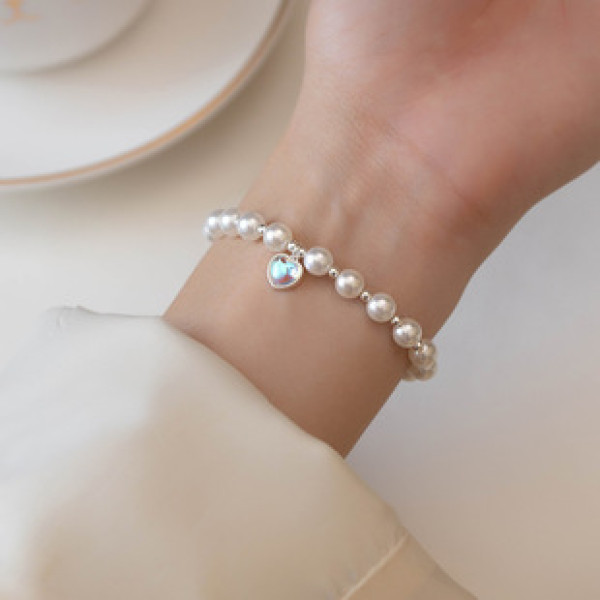 A40142 s925 sterling silver glass heart artificial pearl charm grade bracelet