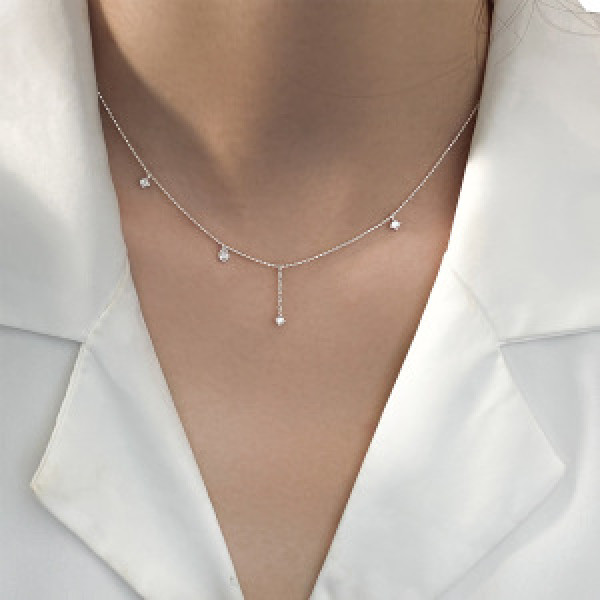 A44433 s925 silver trendy sweet rhinestone teardrop fringe pendant necklace