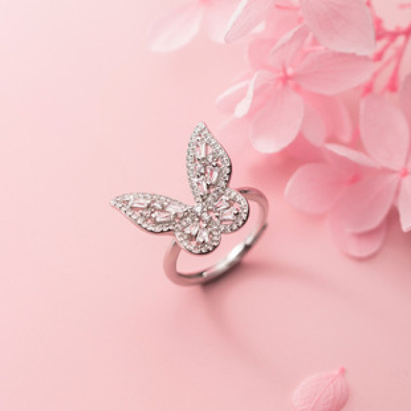 A40590 s925 silver vintage elegant butterfly sparkling rhinestone ring
