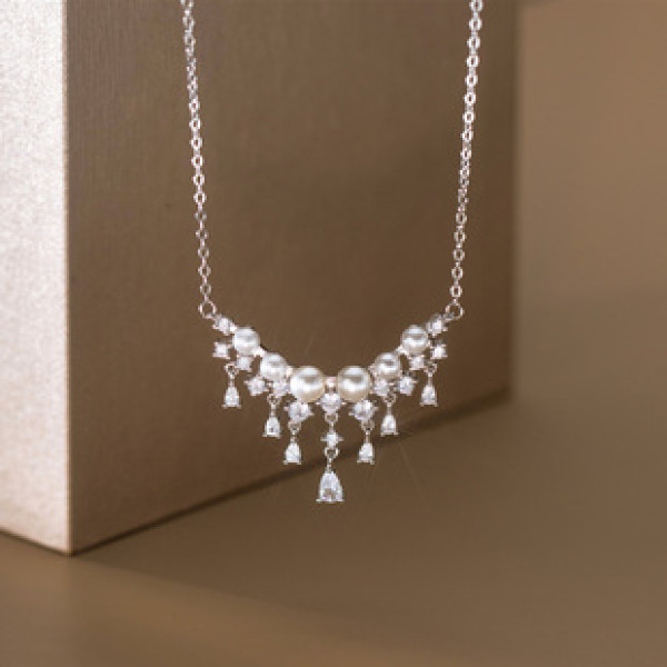 A41758 s925 sterling silver sweet rhinestone teardrop artificial pearl choker necklace