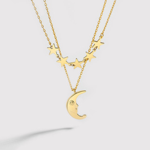 A33966 925 sterling silver stars moon doublelayer necklace