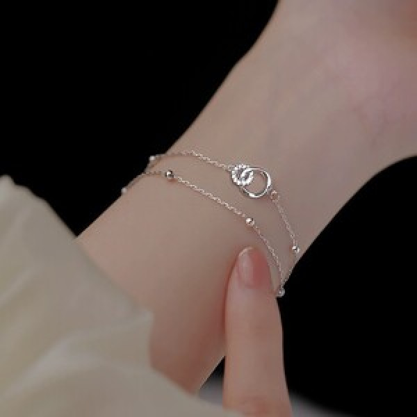 A44419 s925 silver dainty rhinestone double layered circle charm bracelet