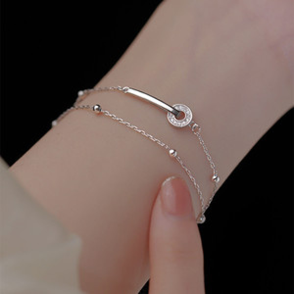 A43578 s925 sterling silver rhinestone circle double layered charm bracelet