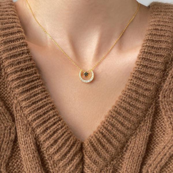 A43798 s925 silver rhinestone gold moon sweet stars necklace