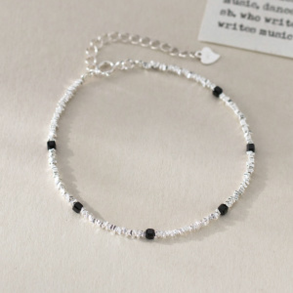 A46200 s925 silver sweet dainty natural black square charm bracelet