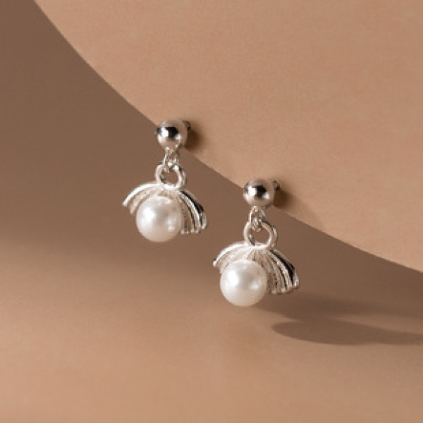 A39463 s925 sterling silver cute artificial pearl fanshape stud trendy earrings