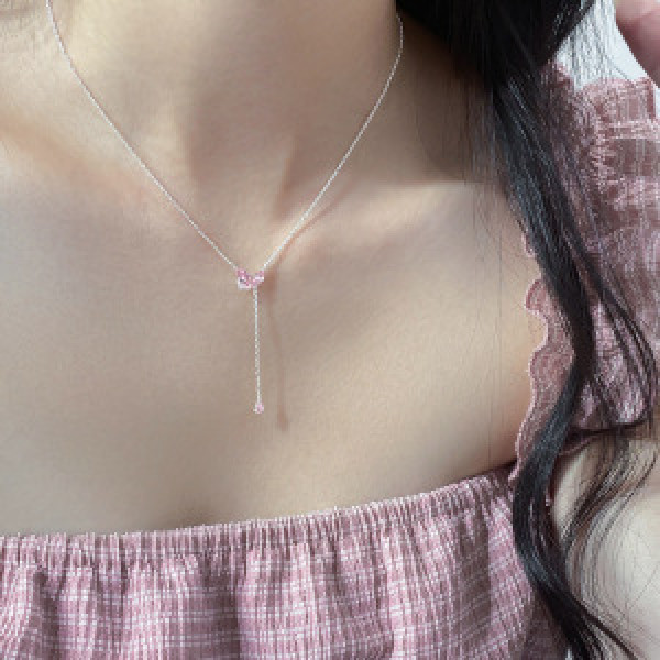 A46391 s925 silver sweet teardrop pink rhinestone heart fringe necklace