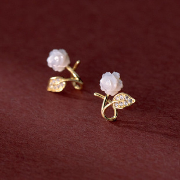 A41370 s925 sterling silver trendy rhinestone shell rose stud elegant sweet earrings
