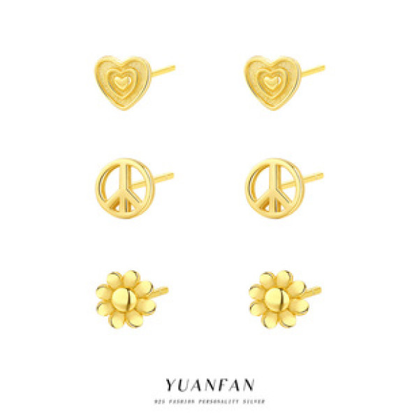A43414 s925 sterling silver vintage heartshape gold metal geometric earrings