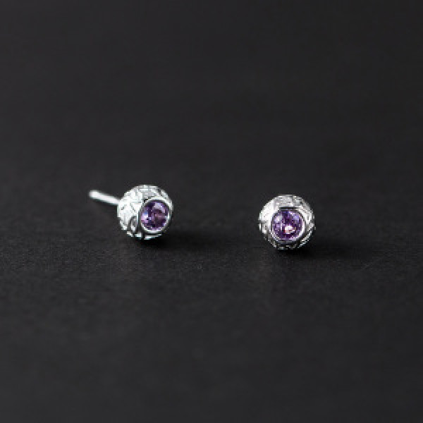 A44785 s925 sterling silver ethnic dainty vintage purple rhinestone ball stud earrings