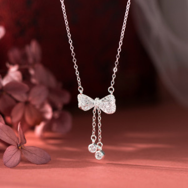 A44476 s925 silver trendy sweet rhinestone butterfly fringe necklace