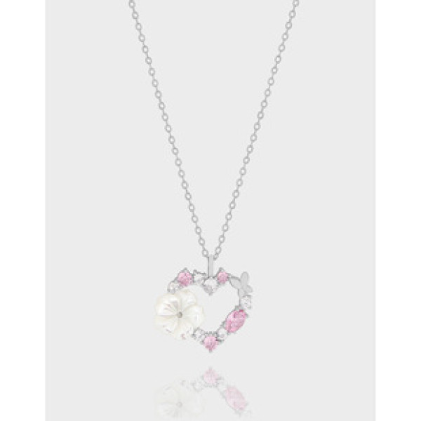 A41145 colorful cubic zirconia natural shell heart sterling silver s925 necklace