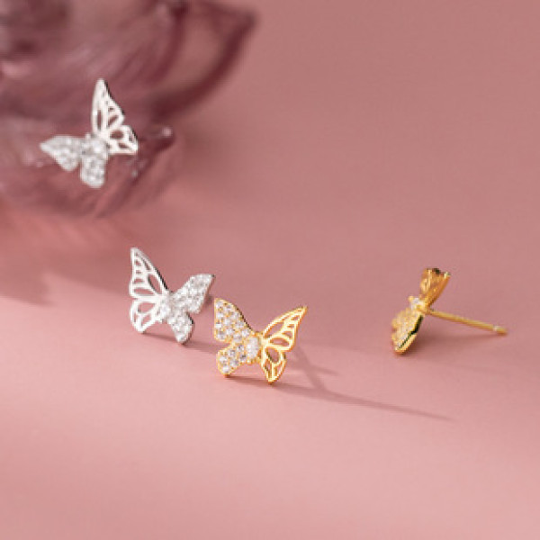 A42971 s925 sterling silver fashion rhinestone hollowed butterfly earrings