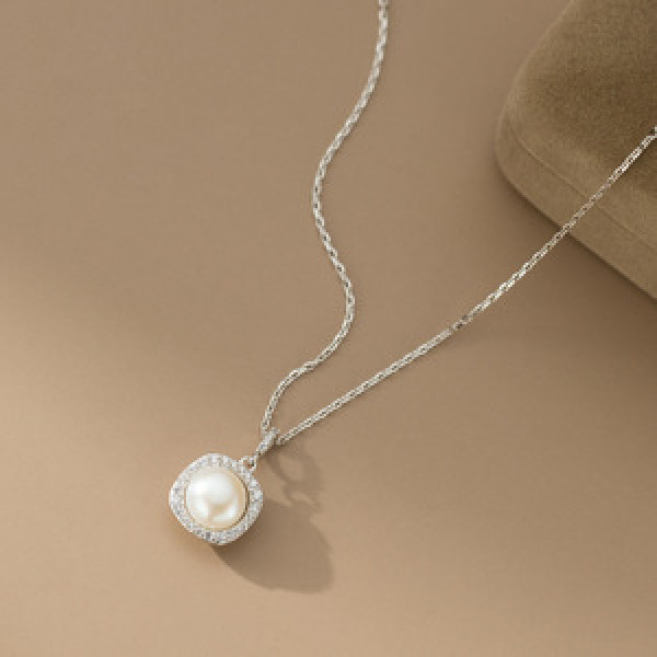 A45643 s925 silver trendy sweet dainty simple rhinestone pearl necklace