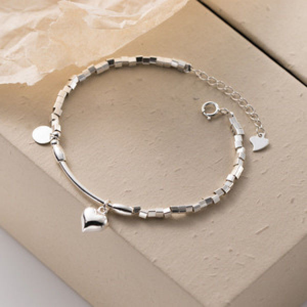 A44891 s925 silver square heart charm simple bangle bracelet