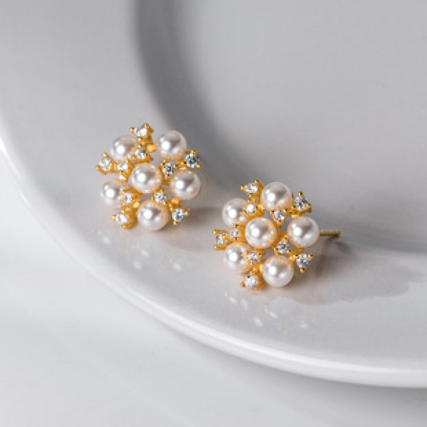 A38467 s925 sterling silver artificial pearl rhinestone snowflake stud elegant earrings