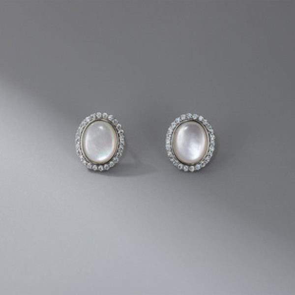 A43158 s925 silver simple elegant geometric oval circle stud trendy rhinestone shell earrings