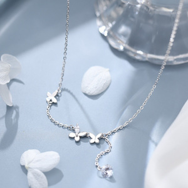 A43554 s925 silver rhinestone butterfly fringe simple flower necklace