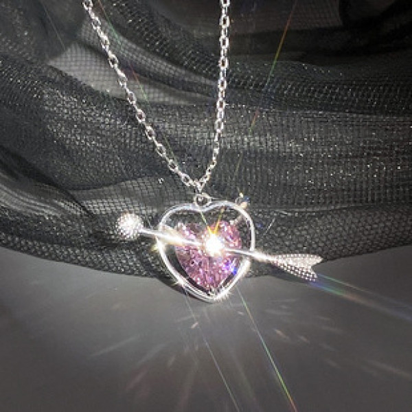 A39765 s925 silver heart pink rhinestone sweet heartshape trendy necklace