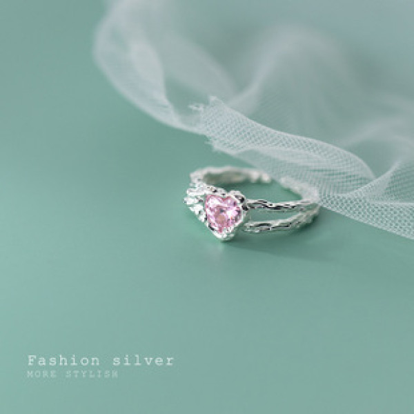 A34370 s925 sterling silver heart pink rhinestone sweet cute trendy ring