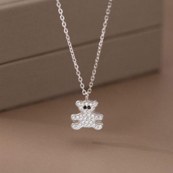 A41357 s925 sterling silver trendy sweet rhinestone bear dainty elegant necklace