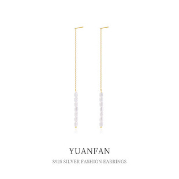 A38578 sterling silver long fringe pearl stud unique elegant dangle earrings