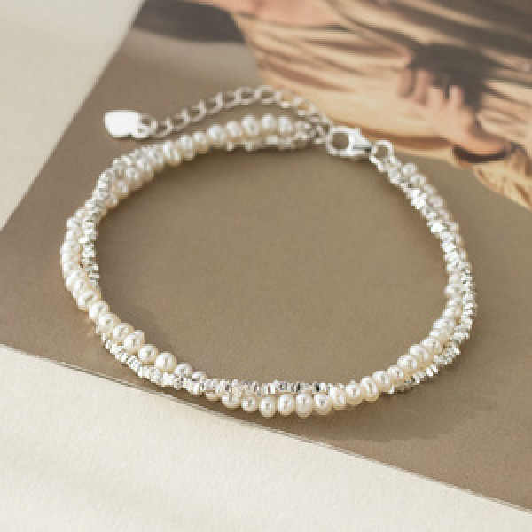 A46147 s925 silver dainty double layered natural pearl charm bracelet