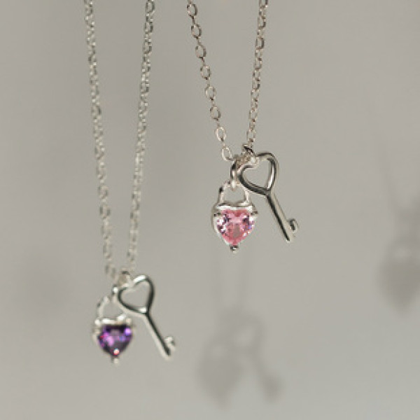 A39137 s925 silver sweet rhinestone heart key heartshape trendy necklace