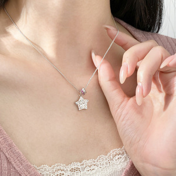 A45993 s925 silver trendy sweet rhinestone stars circle necklace