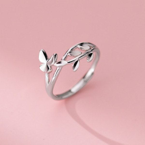 A42310 s925 sterling silver sweet tree leaf butterfly wrap design ring