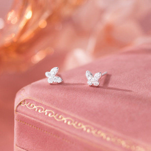 A44984 s925 sterling silver sweet sparkling rhinestone butterfly stud earrings