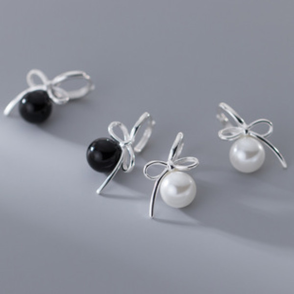 A41229 s925 sterling silver trendy artificial pearl black agate butterfly earrings