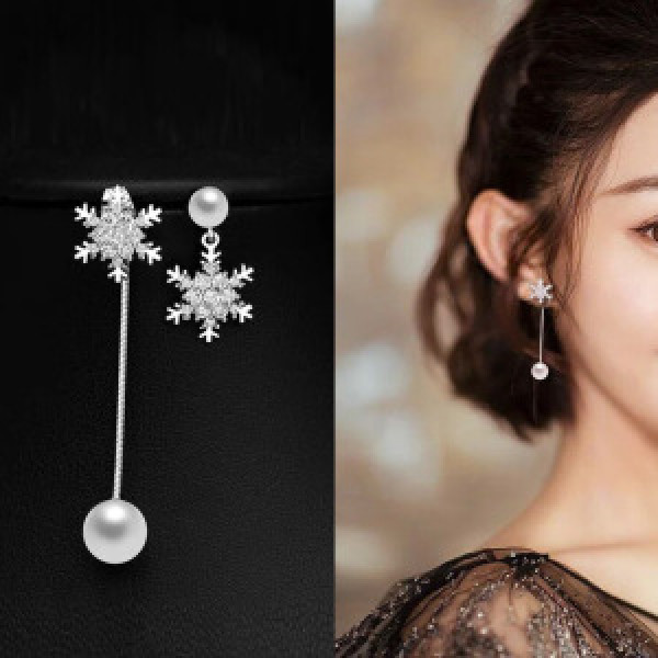 A44811 s925 silver christmas trendy rhinestone snowflake artificial pearl earrings