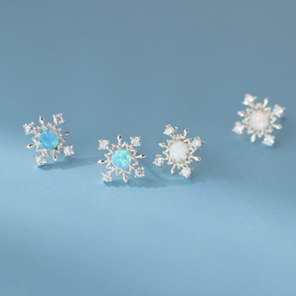 A45099 s925 sterling silver sweet dainty opal snowflake stud earrings