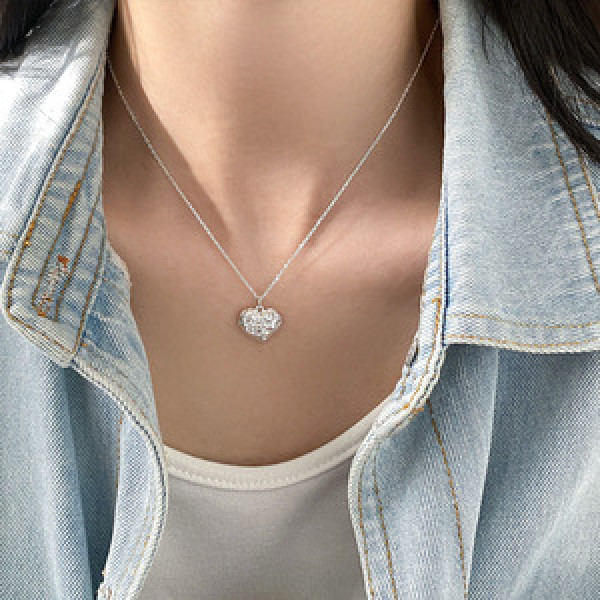 A45968 s925 silver dainty simple rhinestone heart necklace