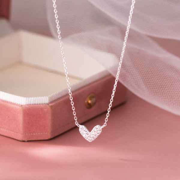 A45050 s925 silver sweet dainty simple sparkling rhinestone heart necklace