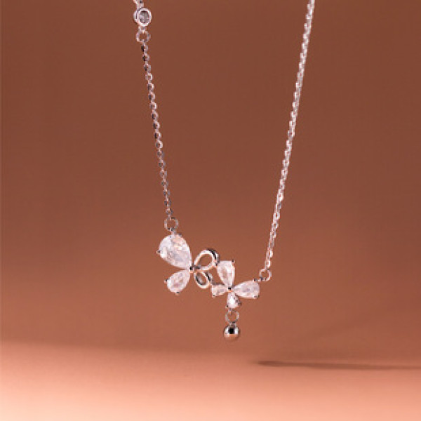 A42716 s925 sterling silver rhinestone hollowed butterfly fashion sweet necklace