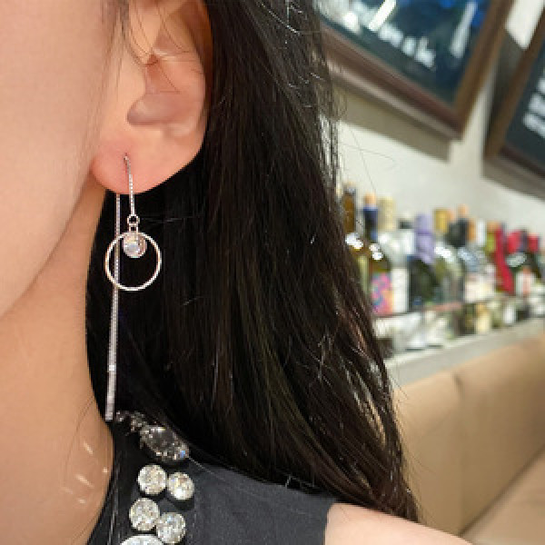 A45819 s925 sterling silver string circle rhinestone long dangle earrings