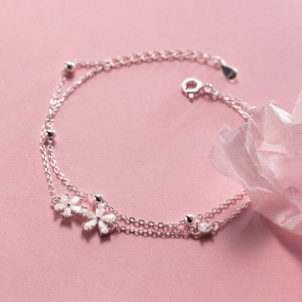 A44783 s925 silver trendy double layered rhinestone flower charm bracelet